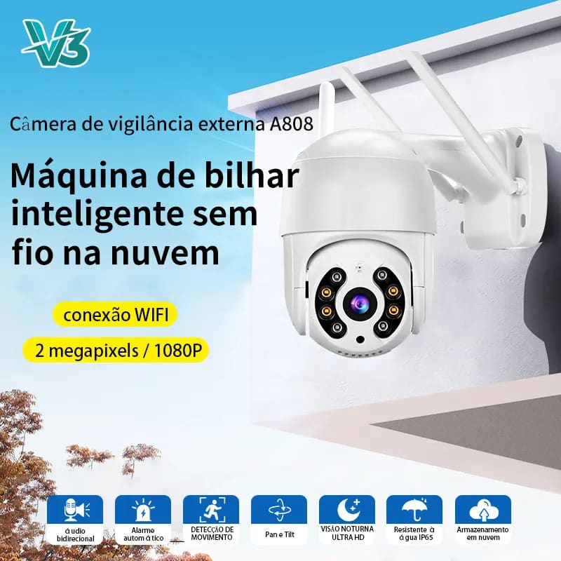 Câmera De Segurança V3 A808 Wi-Fi HD Interna/Externa 1080p Detecção de Movimento Prova d'agua App:V3
